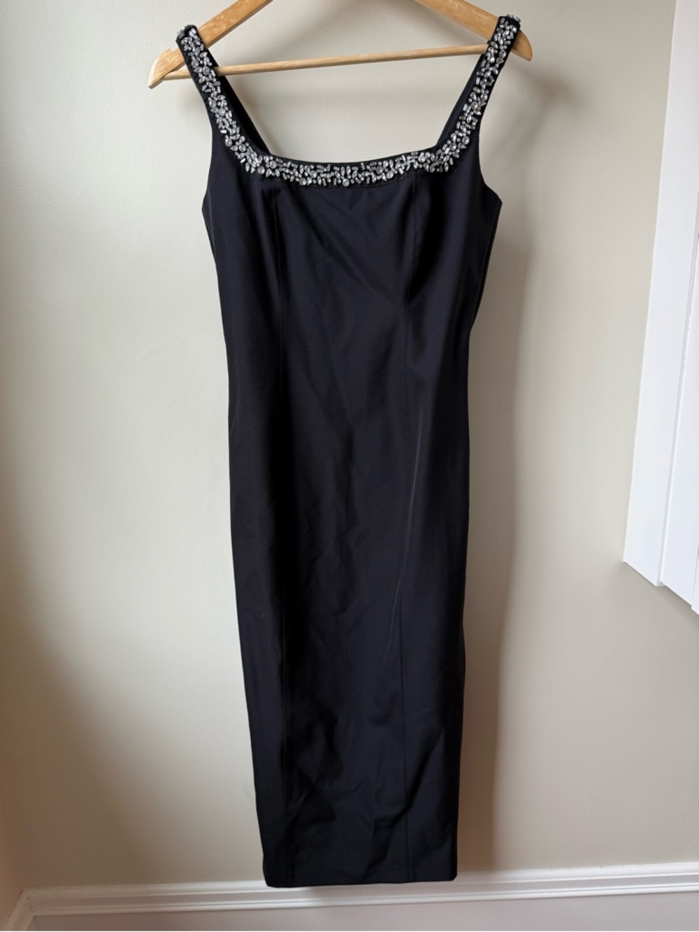 CAMILA COELHO Black Midi Sheath Rhinestone Cocktail Dress Stretch Glam‎ XS